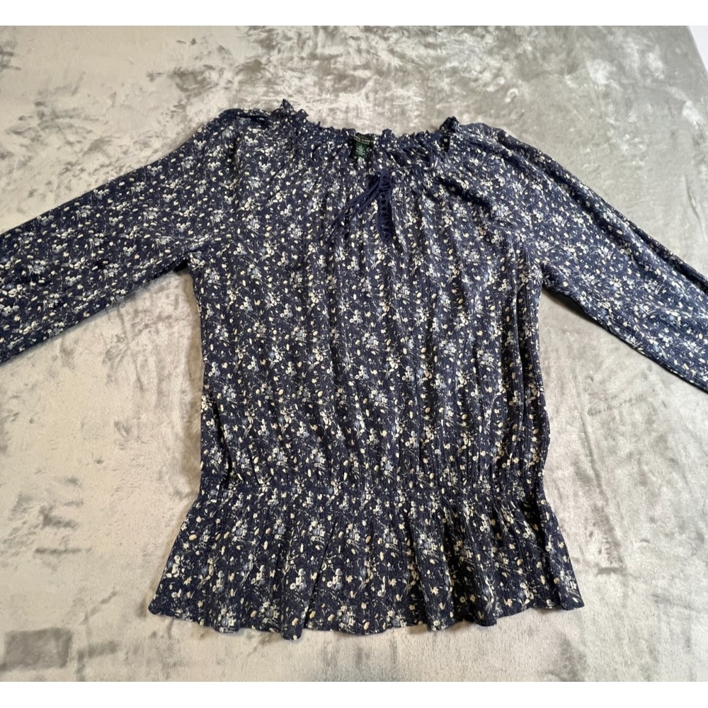 Ralph Lauren Boho Floral Peasant Blouse Ruffle Hem Tie Neck Long Sleeve  L Blue